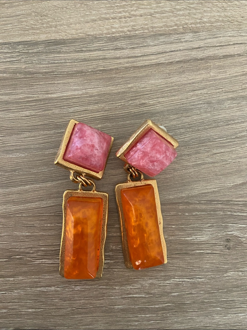 Pink and Orange Resin Drop Earrings - Clip On